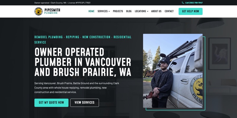 Pipesmith Plumbing website homepage, plumber in Vancouver and Brush Prairie, Washington