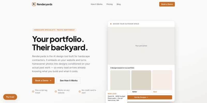 Renderyards homepage — AI hardscape design tool for contractors